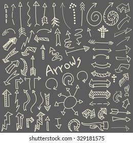 Vector set of hand drawn white arrows isolated on gray background