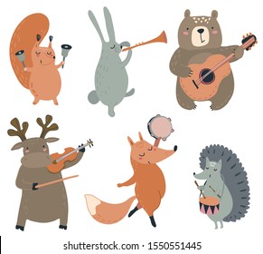 Vector set of hand drawn wild forest animals with musical instruments. Illustration for textile, wrapping paper, invitations, preschool and children room decoration