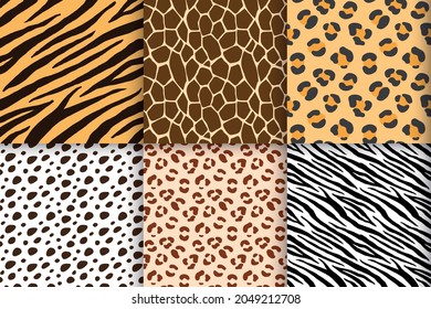 Vector set hand drawn wild animal fur print seamless pattern isolated on white background