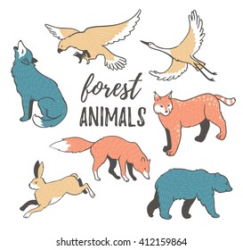 Vector set of  hand drawn wild forest animals in hipster style.  Collection of cartoon animals isolated on the white background. Elements for colorful forest design.