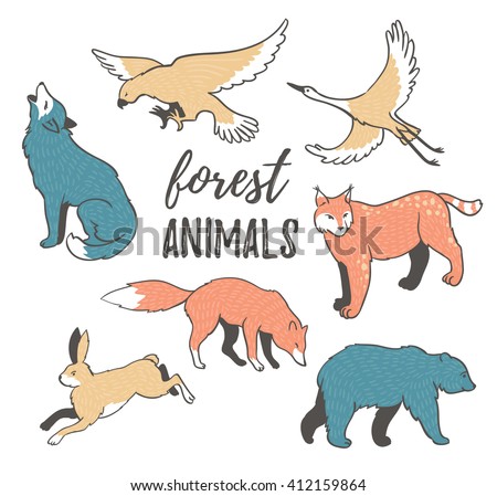 Vector set of  hand drawn wild forest animals in hipster style.  Collection of cartoon animals isolated on the white background. Elements for colorful forest design.