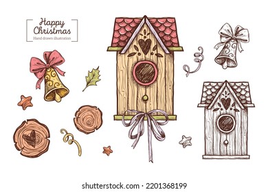 Vector set of hand drawn winter christmas decor: cute wooden house, golden bell, serpentine in graphic style. Hand drawn Merry Christmas illustration for invitation, card, textiles, design