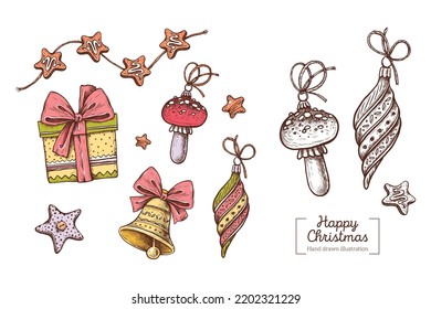 Vector set of hand drawn winter Christmas toys: fly agaric mushroom, bell, gift, garland, stars in graphic style. Hand drawn Merry Christmas illustration for invitation, card, textiles, design