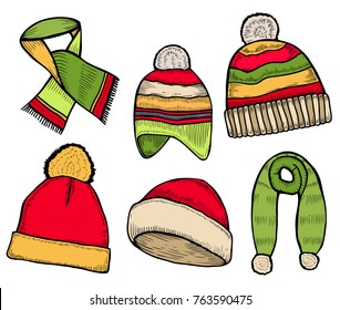 Vector set of hand drawn winter clothing icons. Knitted scarf and Hat. Engraved colored illustration. Use for winter sport design promotion, store, ski resort advertisement.