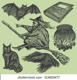 Vector set: hand drawn witch elements including a cauldron, a raven, a witch riding her broom, an old recipe book, a black cat and a bat.