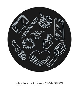 Vector set of hand drawn woman's stuff. Cute accessories on black round background