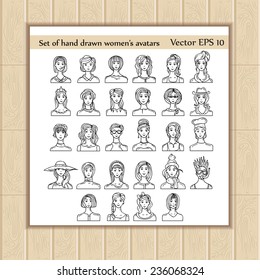 Vector set of hand drawn women's avatars. Sketches for use in design