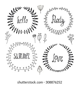 Vector set of hand drawn wreaths, floral borders and frames. Typography: hello, party, summer, love. 
