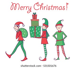 Vector set of hand drawn Xmas elves. Funny clip art for design.