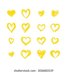 Vector Set of Hand Drawn Yellow Hearts Isolated on White Background, Sketch Style Illustration, Love Symbol, Bright Yellow Color.