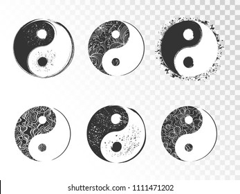 Vector set of hand drawn yin yang signs with grunge and floral elements.