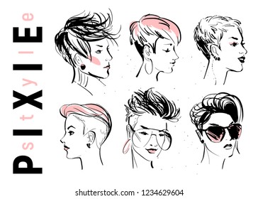 Vector set of hand drawn young beautiful ladies with modern pixie cut in different shapes isolated on white background. Fashion models. Sketch marker style. Good for ads, banners, logo, packaging etc.