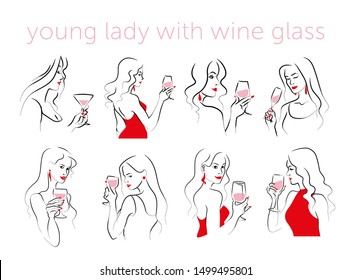 Vector set of hand drawn young beautiful lady portraits holding wine glass isolated on white background. Hand drawn sketch minimal style. Concept for ladies night party, bar, happy cocktail hour.