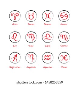 Vector set of hand drawn zodiac signs. Minimalistic zodiac circle icons on white background.