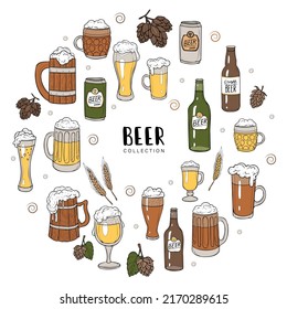 Vector set of hand driwing bottles, cans, and muds of beers. Colorful elements different shapes isolated on white backgrount. Doodle and cartoon style. Cafe bar menu decorations and illustrations.