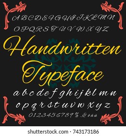 Vector set of hand drown ABC alphabet fonts and numbers named Handwritten Typeface. Handcrafted ABC typeface fonts ABC letters and numbers. Retro Style alphabet fonts