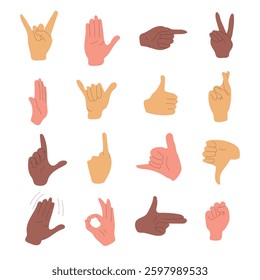 Vector set of hand gestures in different skin tones, showing a variety of signs like peace, OK, thumbs up, and pointing