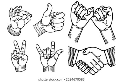 Vector conjunto de gestos de la mano que muestran la comunicación no verbal: pulgares para arriba, rock and roll, bien, paz, corazón, puño, saludando, parada y señalando