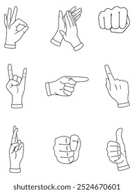 Vector conjunto de gestos de la mano que muestran la comunicación no verbal: pulgares para arriba, rock and roll, bien, paz, corazón, puño, saludando, parada y señalando