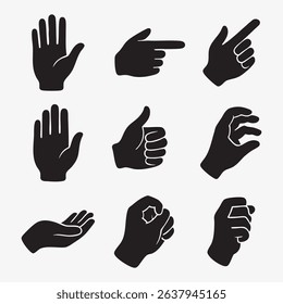 Vector Set of Hand Gestures and Signs in Black Silhouette Various Positions and Movements Including Pointing Thumbs Up Open Palm and Holding Isolated on White