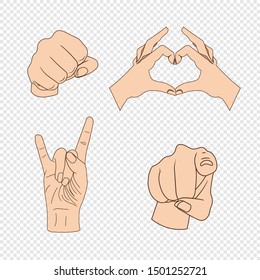 Vector Set of Hand Gesturing, Pointing Finger, Fist, Heart Shaped Palms, Colorful Icons Isolated on Light Transparent Background.