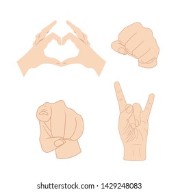 Vector Set of Hand Gesturing, Sign Language Isolated on White Background Collection, Love Heart Symbol, Fist, Rock and Pointing Finger.