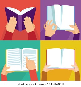 Vector set of hand holding books - icons in flat retro style