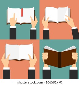 Vector set of hand holding books - icons in flat retro style