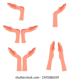 Vector set: hand holds, supports anything. Surrounds, protects, envelops an object or object. Concept: protect, take care of something, protect, provide comfort, safety. eps 10