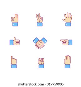 Vector set of hand icons. Victory sign, ok, pointing, cursor, palm, like, handshake and other finger symbols.
