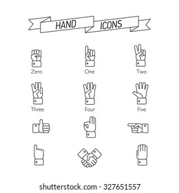 Vector set of hand icons. Victory sign, ok, pointing, cursor, palm, like, handshake and other finger symbols. Numbers zero, one, two, three, four, five. 