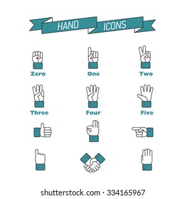 Vector set of hand icons. Victory sign, ok, pointing, cursor, palm, like, handshake and other finger symbols. Numbers zero, one, two, three, four, five.