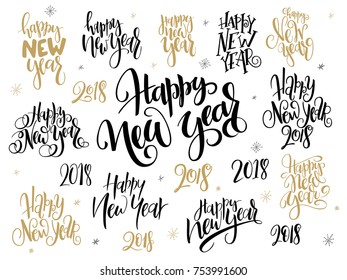 vector set of hand lettering 2018 new year greetings phrases-happy new year - with holly leaves and snowflakes.