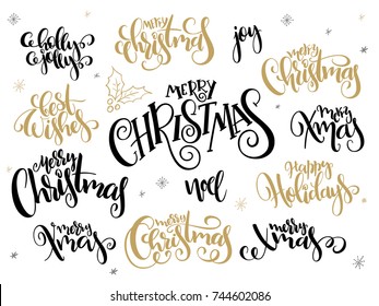 vector set of hand lettering christmas greetings phrases-merry christmas - with holly leaves and snowflakes.