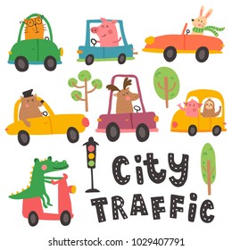 vector set, hand lettering city traffic text, funny  animals in different cars