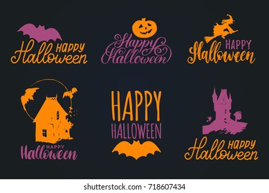 Vector set of hand lettering with Happy Halloween phrase and sketches of horror symbols. All Saints' Eve background.