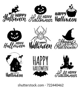 Vector set of hand lettering with Happy Halloween phrase and sketches of horror symbols. All Saints' Eve background.