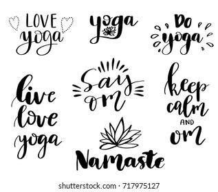 Vector set of hand lettering inscriptions about yoga. Can be used for posters, banners, print, card, logo.