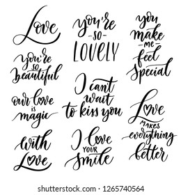 Vector set of hand lettering with love motivational phrases. Calligraphy inspirational quotes collection for valentine's day.