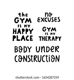 Vector set of hand lettering motivational quotes about fitness isolated on white background.