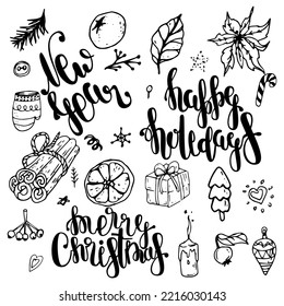 Vector set of hand lettering new year quotes - happy new year and numbers, written in various styles.