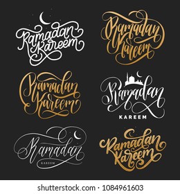 Vector set of hand lettering with phrases Ramadan Kareem and Eid Al-Fitr translated in English Feast of Breaking the Fast. Calligraphy collection.