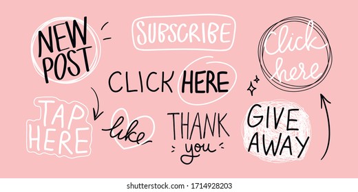 Vector set of hand lettering phrases and doodle elements, arrows for social media posts and stories