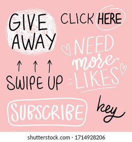Vector set of hand lettering phrases and doodle elements, arrows for social media posts and stories
