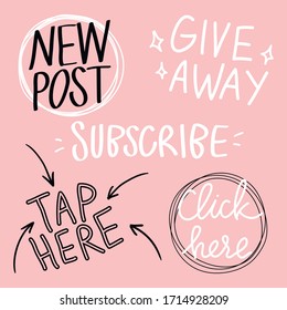 Vector set of hand lettering phrases and doodle elements, arrows for social media posts and stories