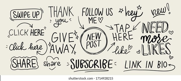 Vector set of hand lettering phrases and doodle elements, arrows for social media posts and stories