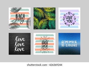 Vector set  hand lettering poster set . Hand drawn calligraphy. Templates beach party, love you, love, good luck,  remember to explore. Trendy handwritten  vector illustration