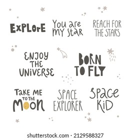 vector set of hand lettering space related quotes, funny phrases about cosmos