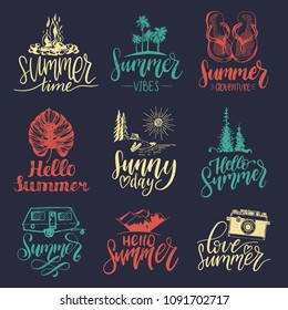 Vector set of hand lettering with summer motivational phrases and sketches. Calligraphy inspirational quotes collection. Travel icons.