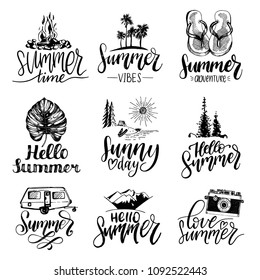 Vector set of hand lettering with summer motivational phrases and sketches. Calligraphy inspirational quotes collection. Travel icons.